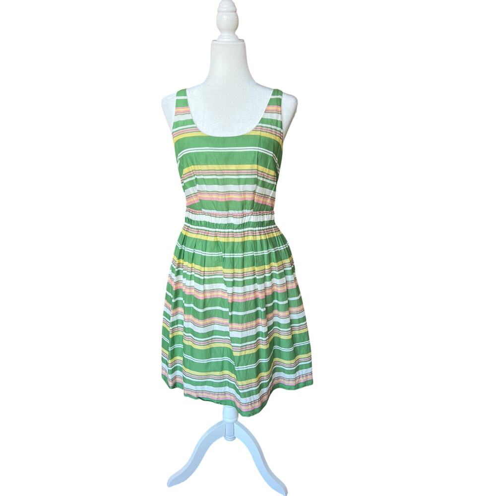 Boden Hattie Green and Pink Striped Fit and Flare Dress Women's Size 4 Pockets - Picture 2 of 11